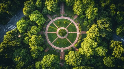 This top-down view captures a circular structure embraced by lush trees in a lively city park, showcasing pathways and vibrant greenery in bright daylight