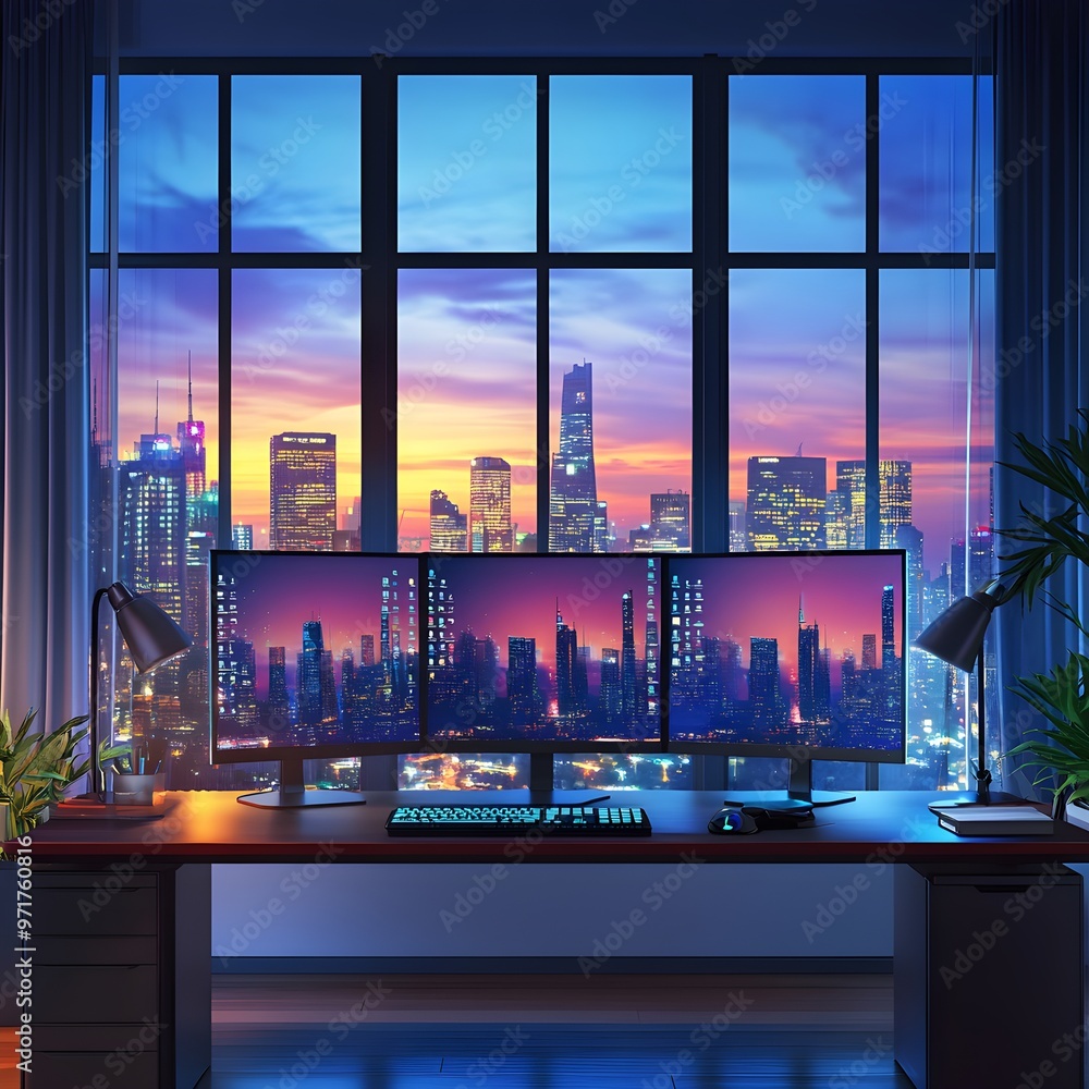 Aufkleber clean home office with dual computers and organized workspace setup