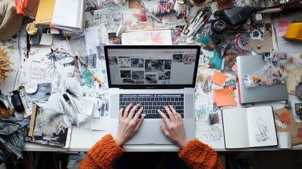 The workspace shows a laptop surrounded by colorful notebooks, sketches, and creative materials, highlighting an active environment for content creation and artistic exploration