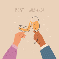 Greeting cards of celebration New Year and Christmas. Hands different skin colors hold glasses of champagne. Vector linear flat illustration for holiday print, poster, banner.