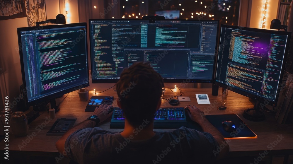 Poster a web designer immersed in code at a creative studio, analyzing multiple screens while soft lights i