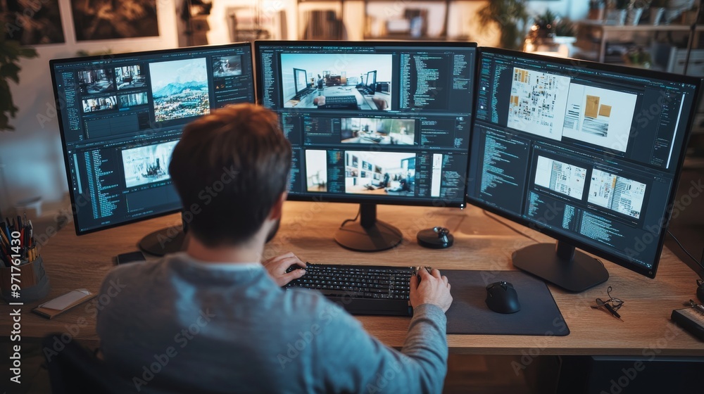 Fototapete a web designer collaborates in a modern creative studio, focused on multiple screens displaying proj