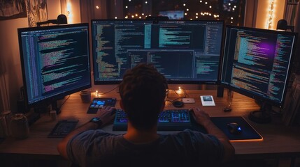 A web designer immersed in code at a creative studio, analyzing multiple screens while soft lights illuminate the workspace during the night