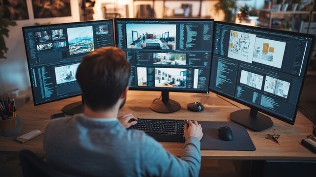 A web designer collaborates in a modern creative studio, focused on multiple screens displaying project details and design elements during an engaging work session