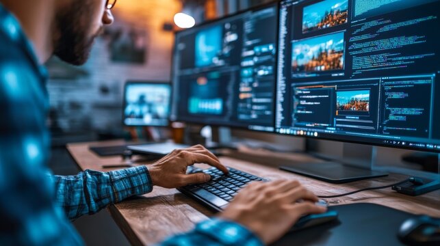 A skilled web designer focuses on several screens in a vibrant creative studio, expertly coding and refining designs during a busy workday - Powered by Adobe