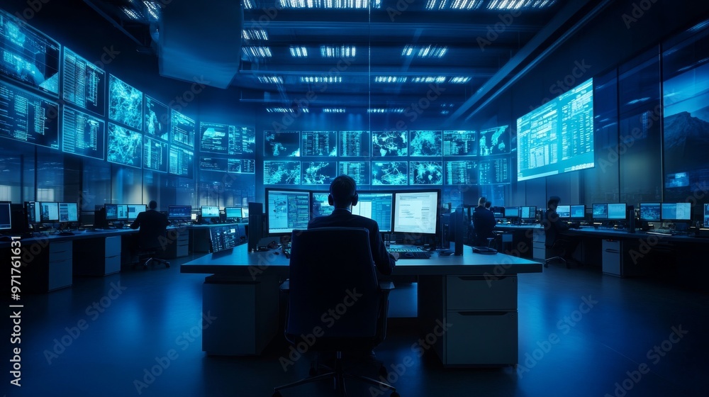 Poster a network operations center is bustling with activity as operators monitor large screens filled with