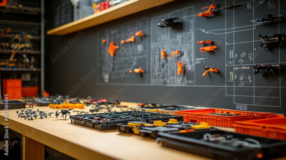 Poster a workbench filled with various drone parts arranged in trays, showcasing the components and tools n