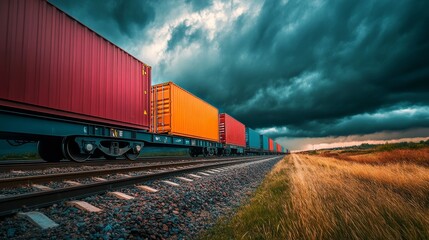 Obraz premium A freight train carries a long line of vibrantly colored shipping containers along railway tracks, with dark clouds looming overhead in the countryside