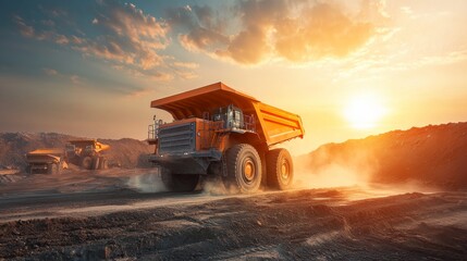 A large orange dump truck navigates a dusty dirt road at a busy construction site during sunset, highlighting the vibrant colors of the sky and rugged terrain