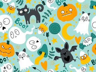 Halloween cute pumpkins seamless monsters pattern for wrapping paper and fabric