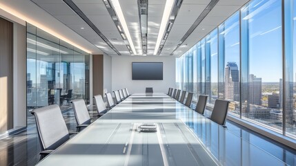 Obraz premium A sleek conference room features a long glass table surrounded by black chairs, illuminated by sunlight pouring in through floor-to-ceiling windows showcasing the city skyline