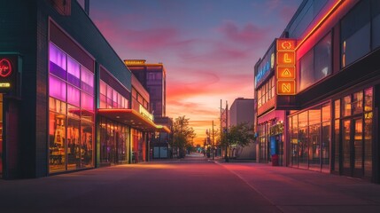 Obraz premium Warm light from a rising sun illuminates retro buildings adorned with neon colors along a quiet urban street, creating a captivating atmosphere