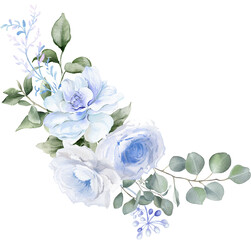 Watercolor floral illustration. Blue flowers and eucalyptus greenery bouquet.  Winter floral clipart. Dusty blue roses, hydrangea, peony for Wedding stationary, Christmas card
