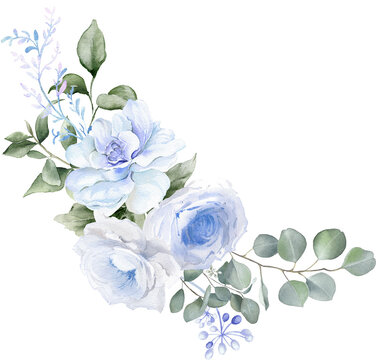 Watercolor floral illustration. Blue flowers and eucalyptus greenery bouquet.  Winter floral clipart. Dusty blue roses, hydrangea, peony for Wedding stationary, Christmas card