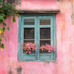 An old window against a pink wall in Hoi An Vietnam