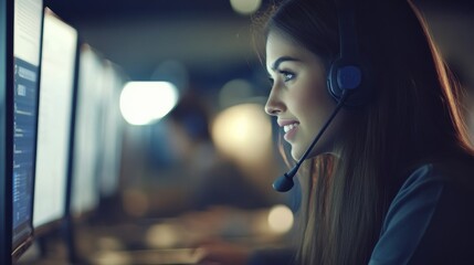 Obraz premium A call center agent engages with clients through a headset, displaying professionalism and concentration in a modern office setting, contributing to effective communication