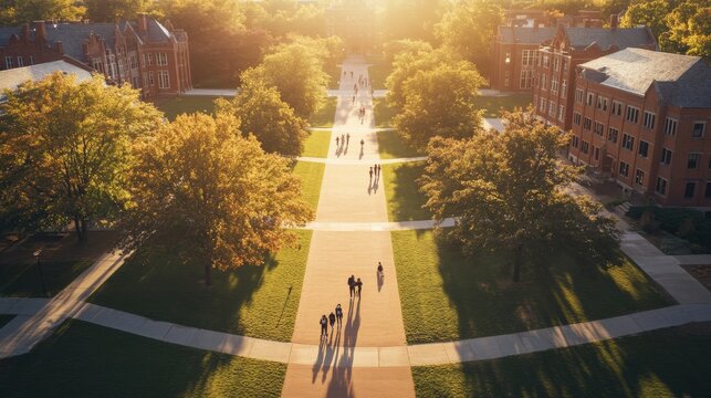 The central courtyard of a university campus glows in warm sunlight, surrounded by historic brick buildings as students walk along pathways, casting long shadows in the evening light