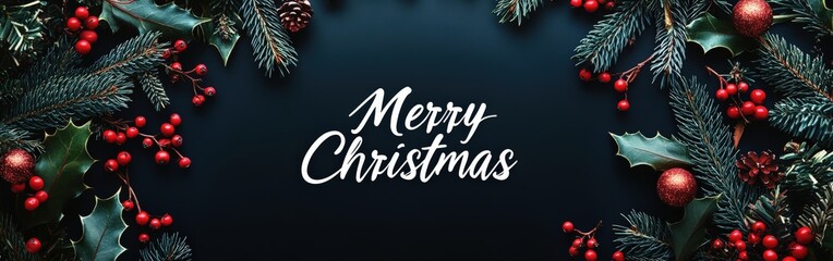 Obraz premium Merry Christmas Text with Red and Green Foliage on Black