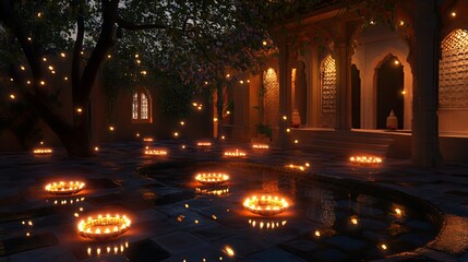 Obraz premium A Mystical Evening in a Courtyard Lit By Candles