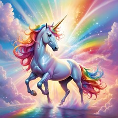 Unicorn standing on a rainbow, surrounded by a vibrant and colorful sky