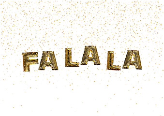 falala 3d abstract golden metallic sequins with confetti background. Isolated on the white backdrop. Vector holiday illustration EPS10. Christmas concept greeting card, banner.