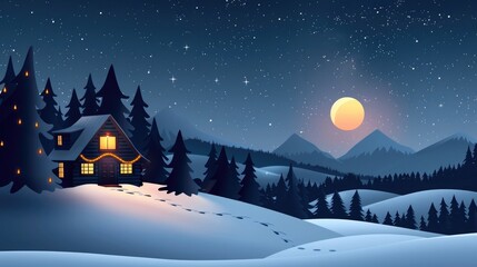 A charming wooden cabin nestled in a snowy forested landscape surrounded by majestic mountains under a starry night sky  The warm glow of lights from the cabin creates a cozy magical atmosphere