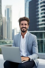 Fototapeta premium A young businessman man with a smile on his face sits outdoors with a laptop against the background of skyscrapers. Generative AI.