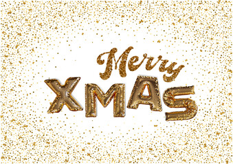 Merry Christmas lettering 3d abstract golden metallic sequins confetti background. Isolated on the white backdrop. Vector holiday illustration EPS10. Concept greeting card, banner.