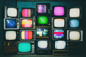 A wall with many TV television screens, various colorful broadcasts. Abstract TV media background
