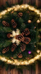 Top view of christmas tree twigs with pine cones, baubles and illuminated garland on wooden background