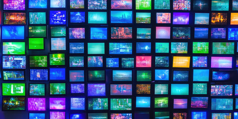 A wall with many TV television screens, various colorful broadcasts. Abstract TV media background