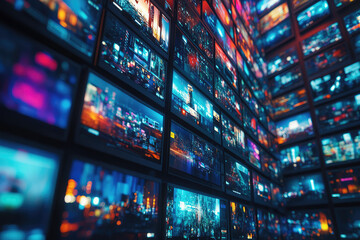 A wall with many TV television screens, various colorful broadcasts. Abstract TV media background