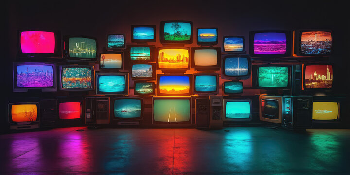 A wall with many TV television screens, various colorful broadcasts. Abstract TV media background