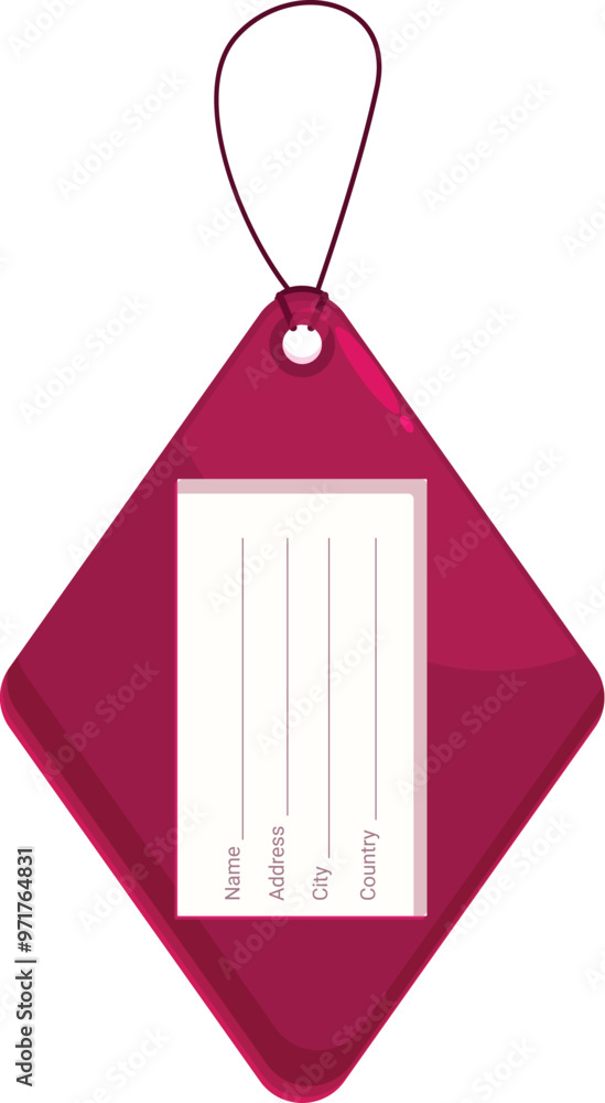 Poster red diamond shaped luggage tag with an empty label is hanging on a string