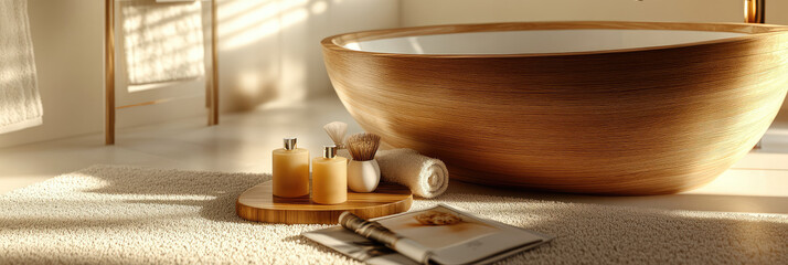 Cozy spa setting composition, bathtub, candles, towel. Scandi style bathroom, tranquil atmosphere, self-care day