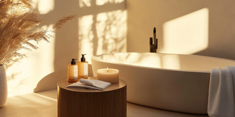 Cozy spa setting composition, bathtub, candles, towel. Scandi style bathroom, tranquil atmosphere, self-care day