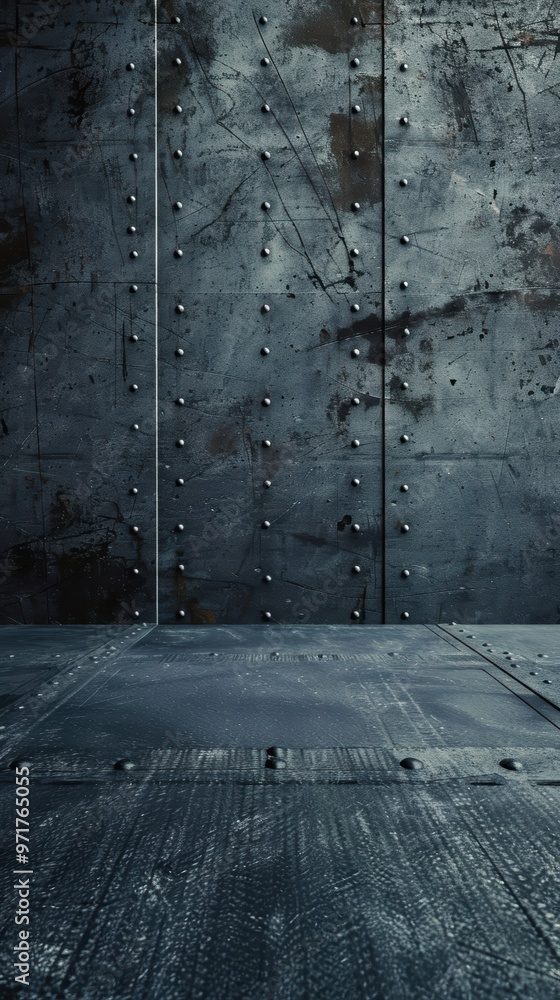 Poster industrial metallic backdrop with rivets and textured surface, perfect for creative projects or as a