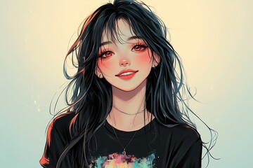 Smiling Anime Girl with Long Black Hair and Pink Cheeks
