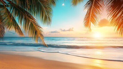 A soft, blurred tropical beach at sunrise with a clear sky for text