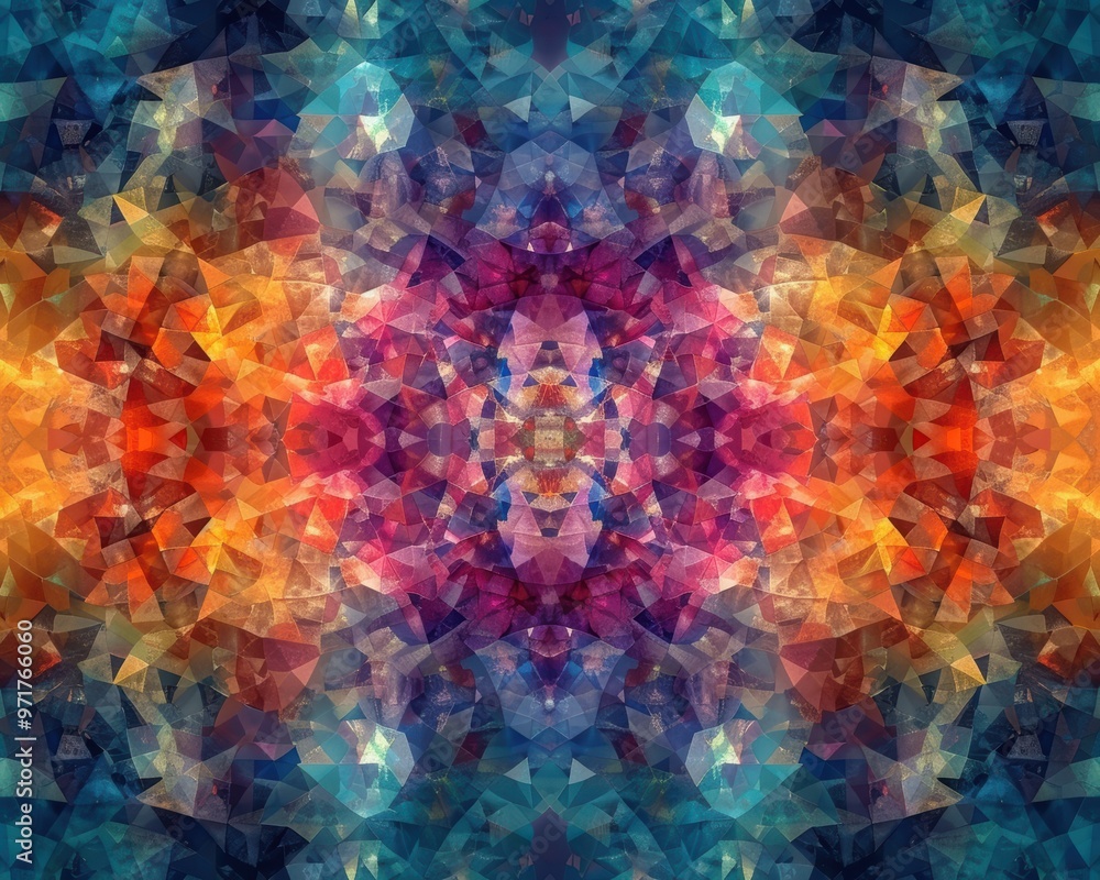 Poster a vibrant fusion of colors and shapes in a kaleidoscopic pattern, perfect for abstract art projects 