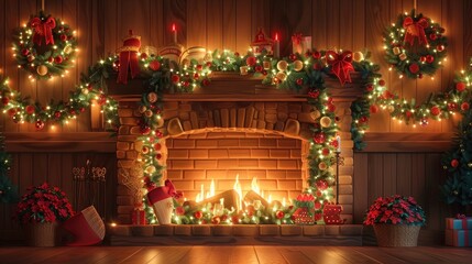 Cozy and festive Christmas fireplace scene with lit fireplace holiday wrapped gifts beneath the mantelpiece