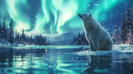 A lonely white bear under the Northern Lights at night forest