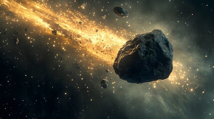 Asteroid with Tail: An asteroid with a glowing tail of dust and particles trailing behind it as it...