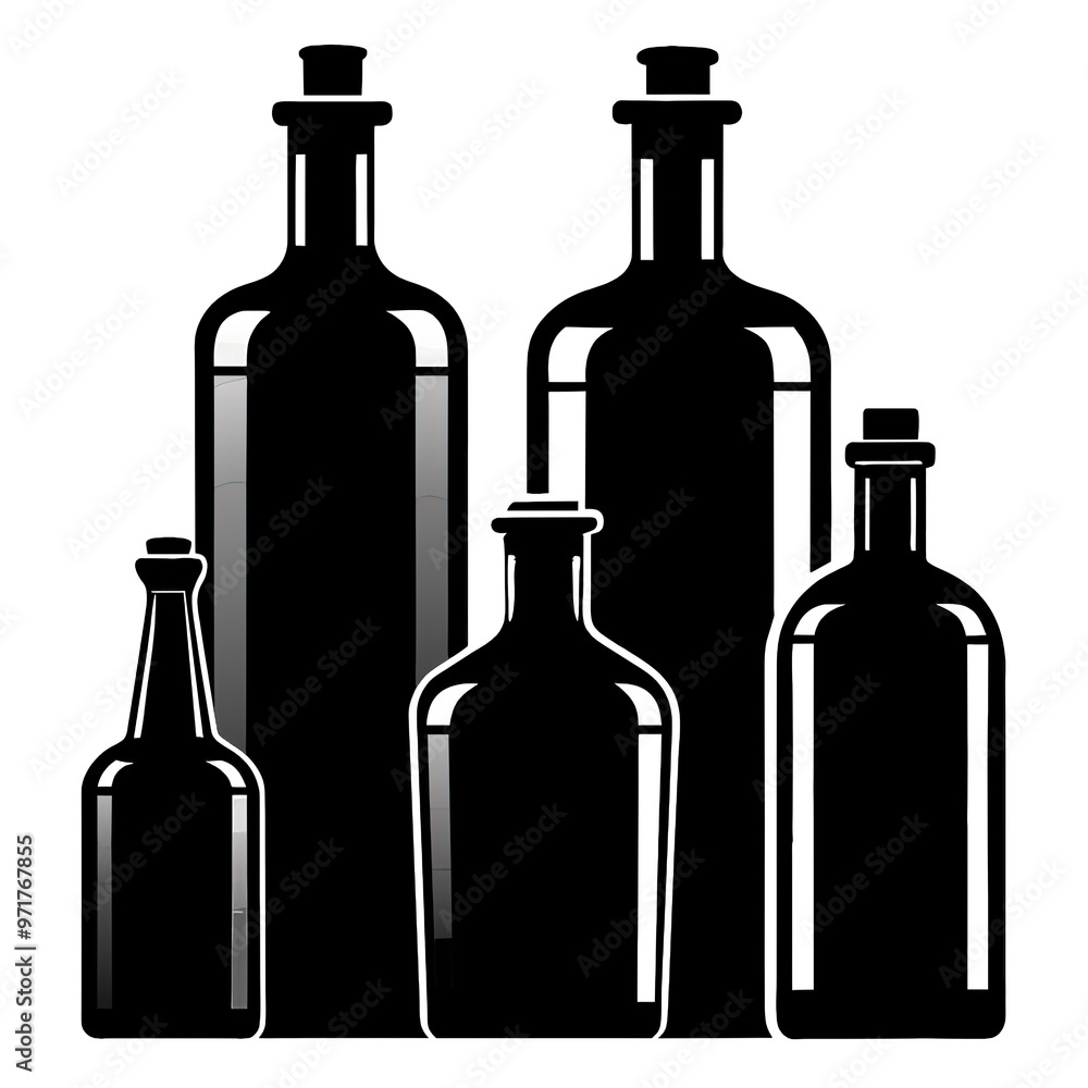 Poster a collection of five bottles displayed as black silhouettes showcases their diverse shapes and sizes