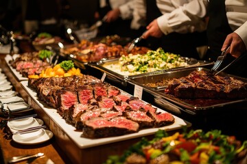 Lavish Steak Buffet at High-End Event with Gourmet Cuts and Elegant Setting for Upscale Dining