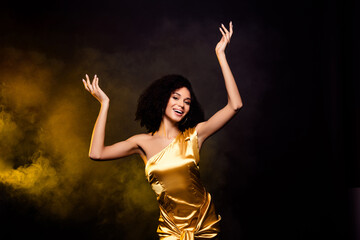 Naklejka premium Photo of fancy excited lady wear gold dress dancing erotic moves isolated black color background