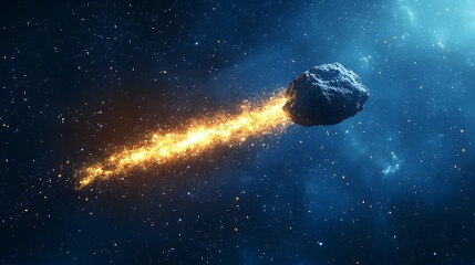 Asteroid with Tail: An asteroid with a glowing tail of dust and particles trailing behind it as it...