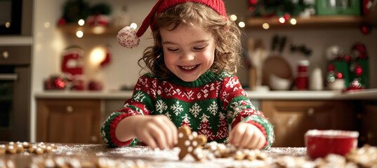 Festive Child Decorating Gingerbread Cookies in a Christmas Sweater in a Cheerful Holiday Kitchen Scene