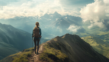 A woman hiking alone on a mountain trail, vast landscape in the background