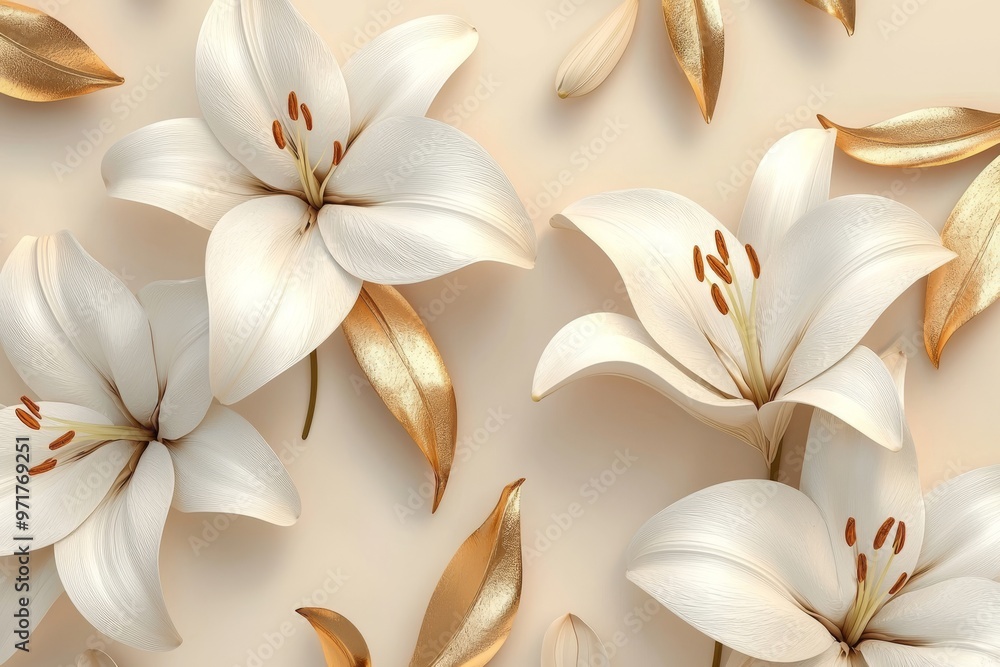 Poster A golden background contrasts with golden leaves and buds on the stucco lilies